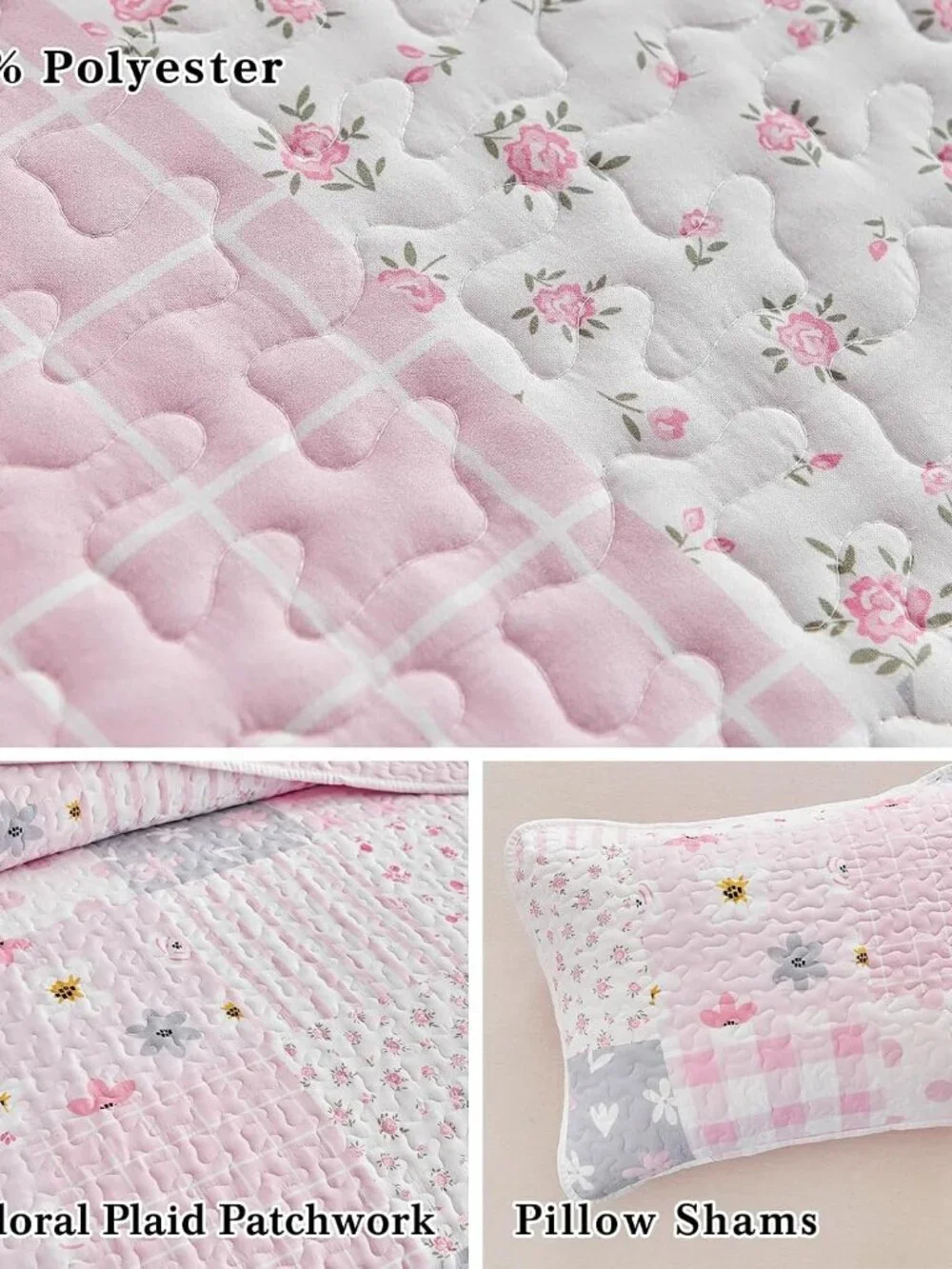 Floral Patchwork Quilt Set Twin Size, 2 Pieces Pink Flower Plaid Bedspread Cover